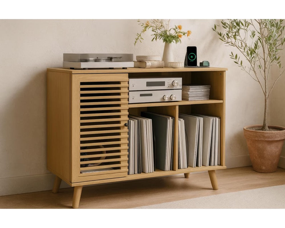 Mid-Century Record Player Stand: Vinyl Storage Cabinet with Charging Station