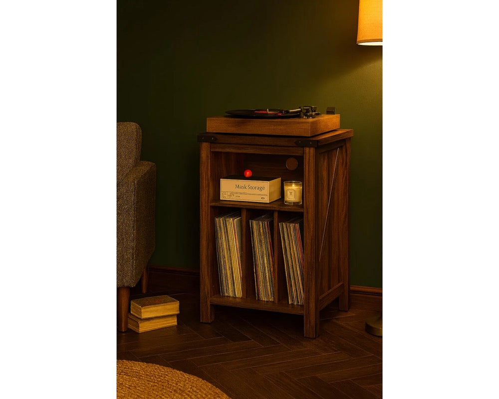 White Wood Record Player Stand: Vinyl Storage Cabinet, Holds 160 Albums