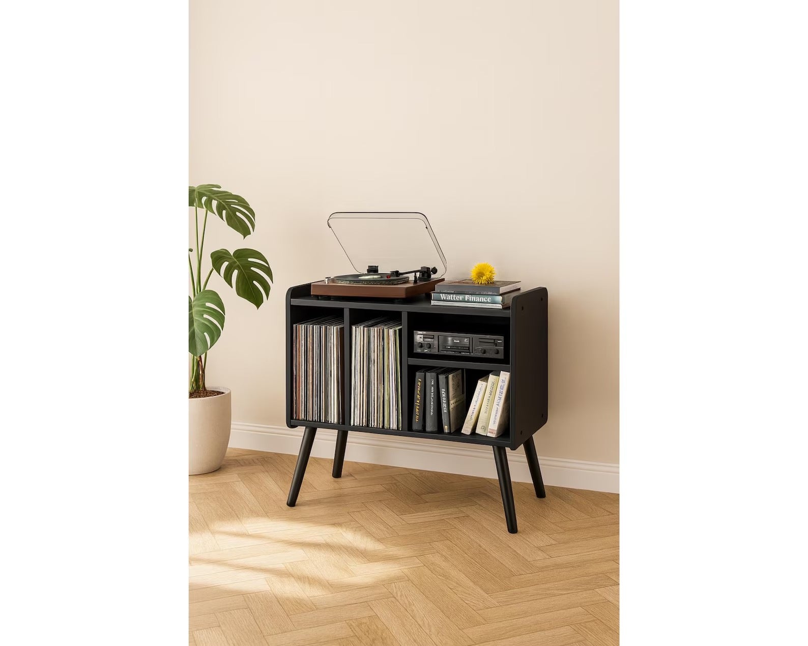 Mid-Century Modern Record Player Stand: Wood Vinyl Storage Cabinet