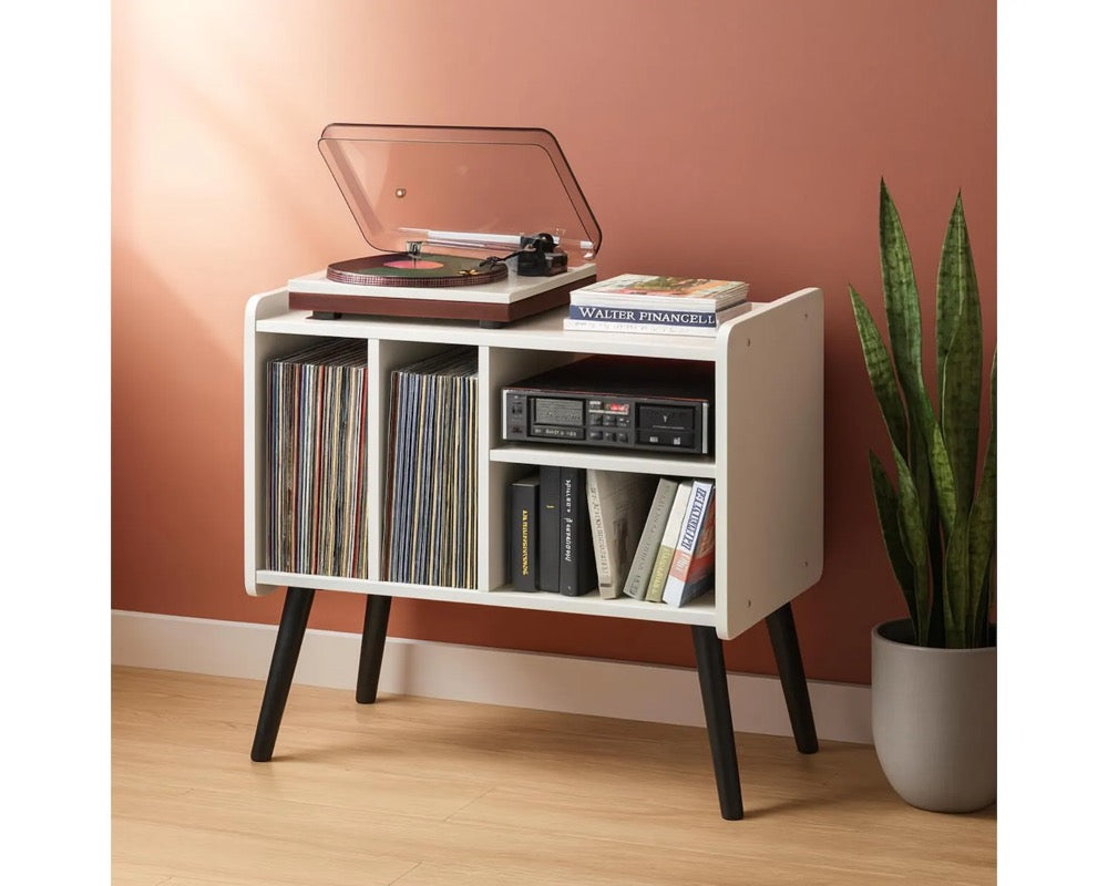 Mid Century Modern Record Player Stand: Wood Vinyl Storage Cabinet