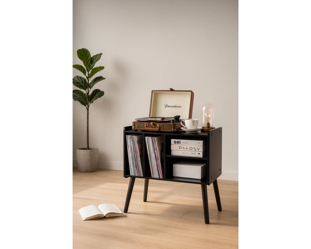 Mid-Century Modern Record Player Stand: Wood Vinyl Storage Cabinet