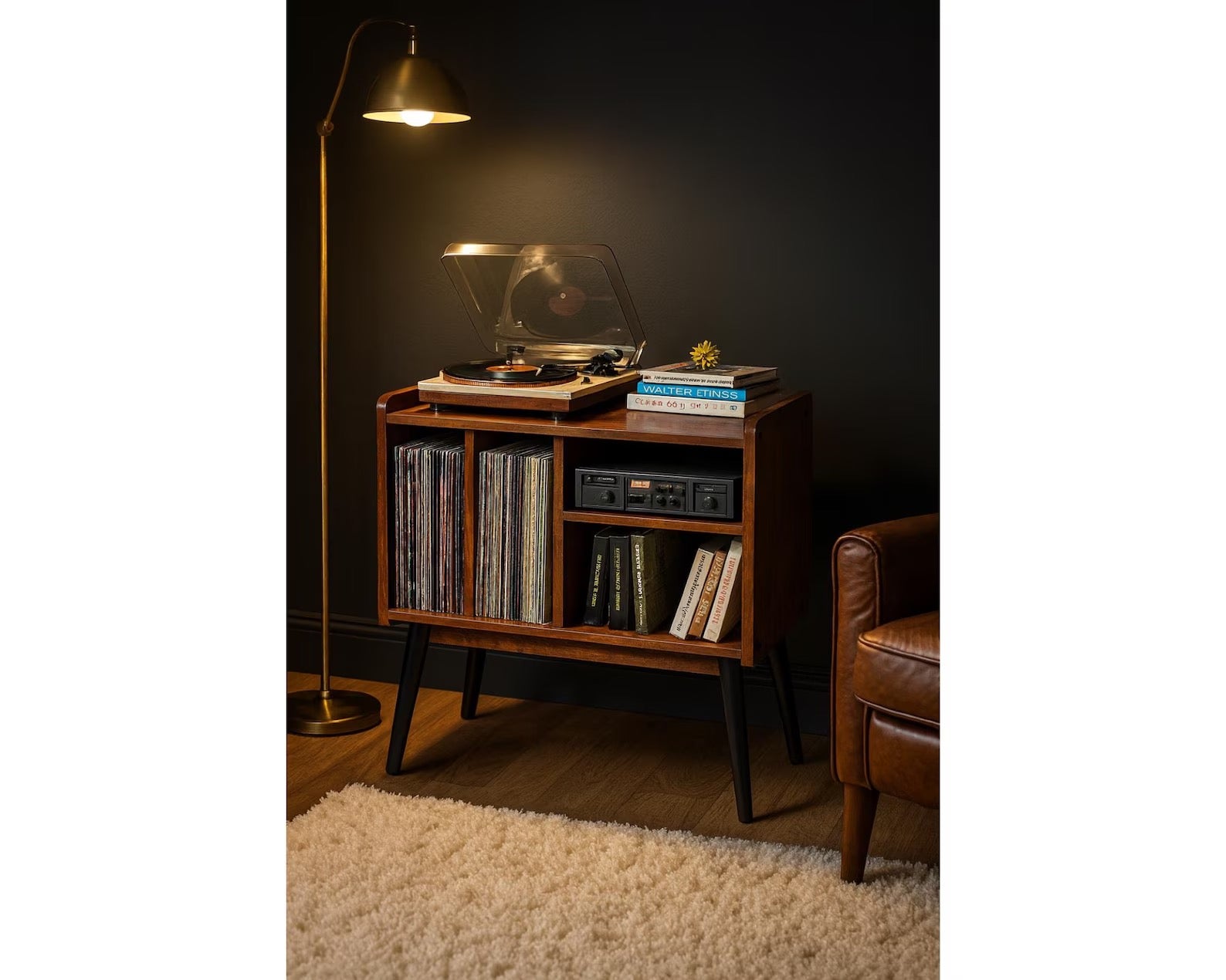 Mid-Century Modern Record Player Stand: Wood Vinyl Storage Cabinet