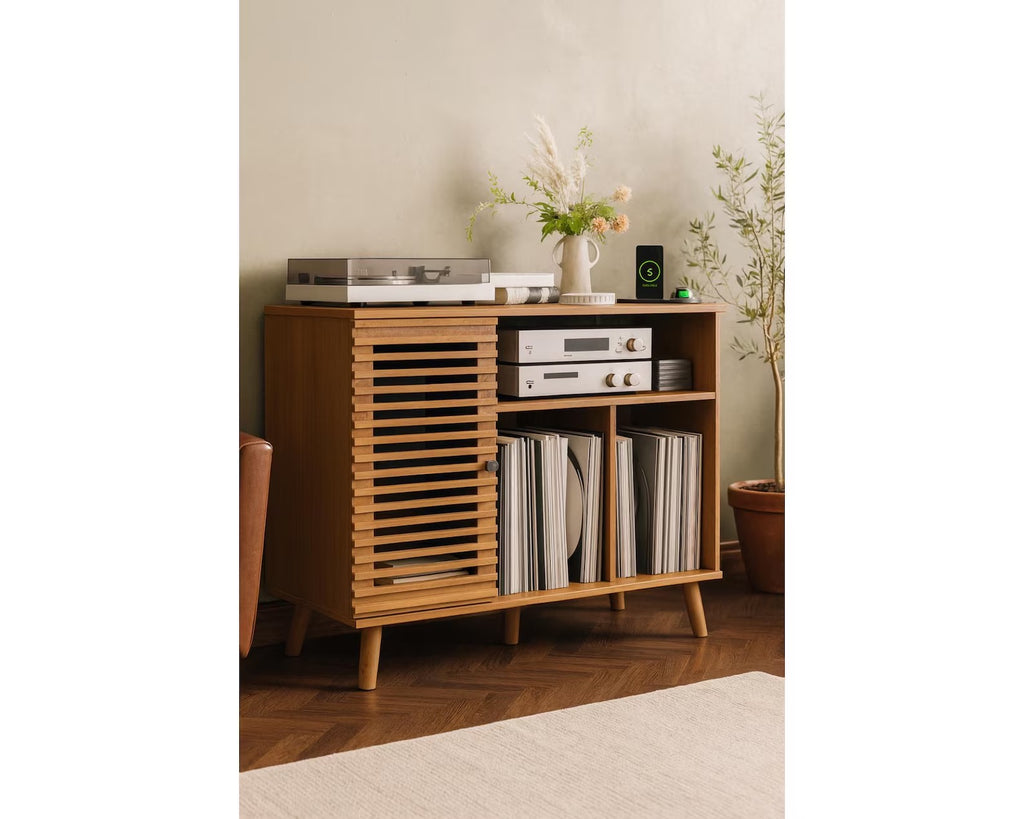 Mid-Century Record Player Stand: Vinyl Storage Cabinet with Charging Station
