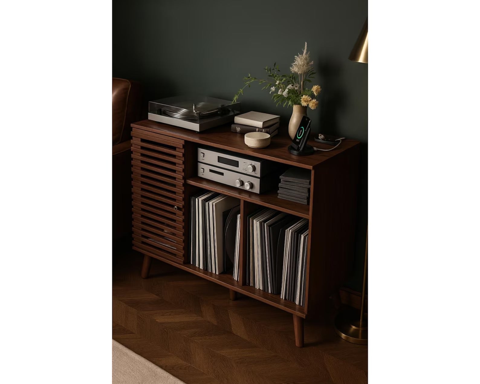 Mid-Century Record Player Stand: Vinyl Storage Cabinet with Charging Station