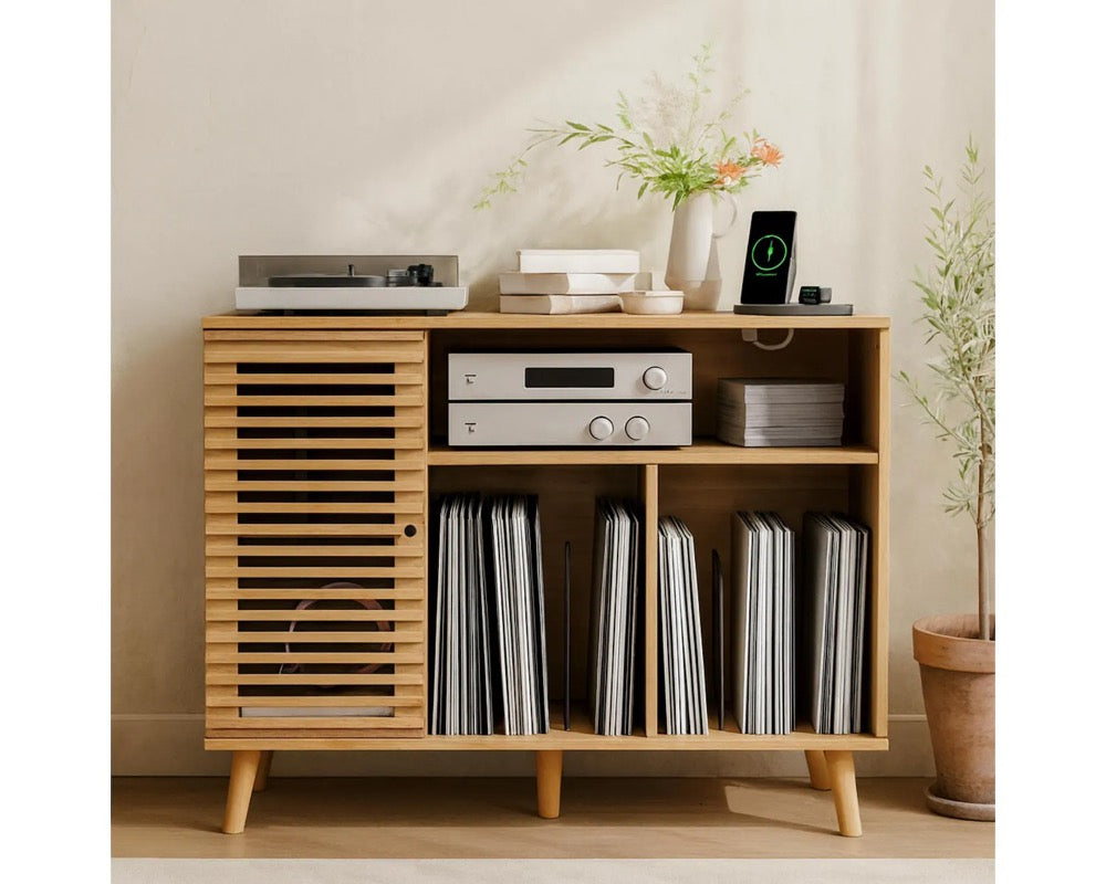 Mid-Century Record Player Stand: Vinyl Storage Cabinet with Charging Station