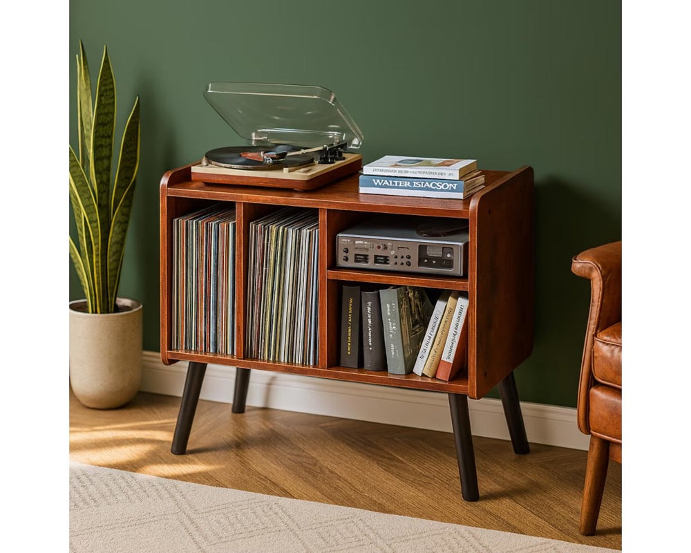 Mid-Century Modern Record Player Stand: Wood Vinyl Storage Cabinet