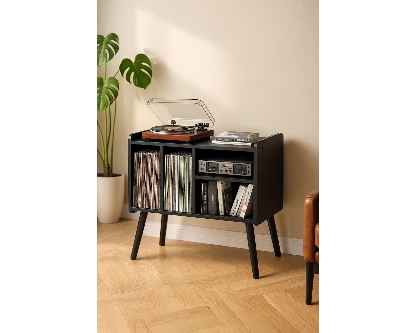 Mid Century Modern Record Player Stand: Wood Vinyl Storage Cabinet