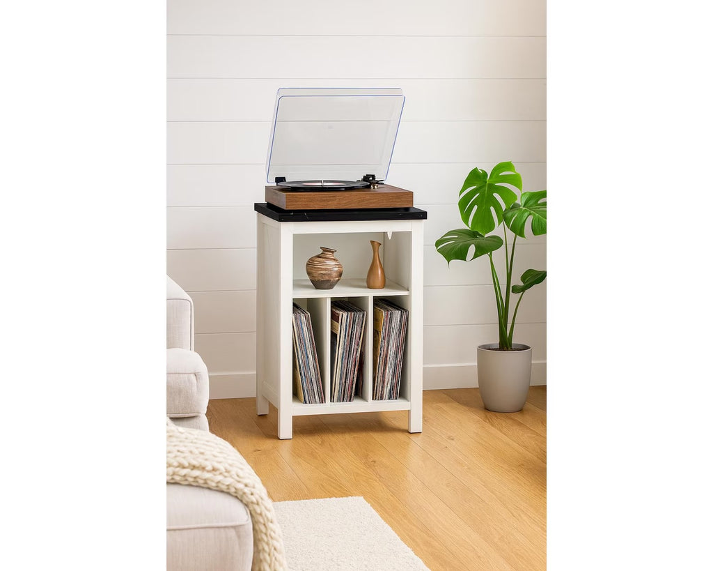 White Wood Record Player Stand: Vinyl Storage Cabinet, Holds 160 Albums