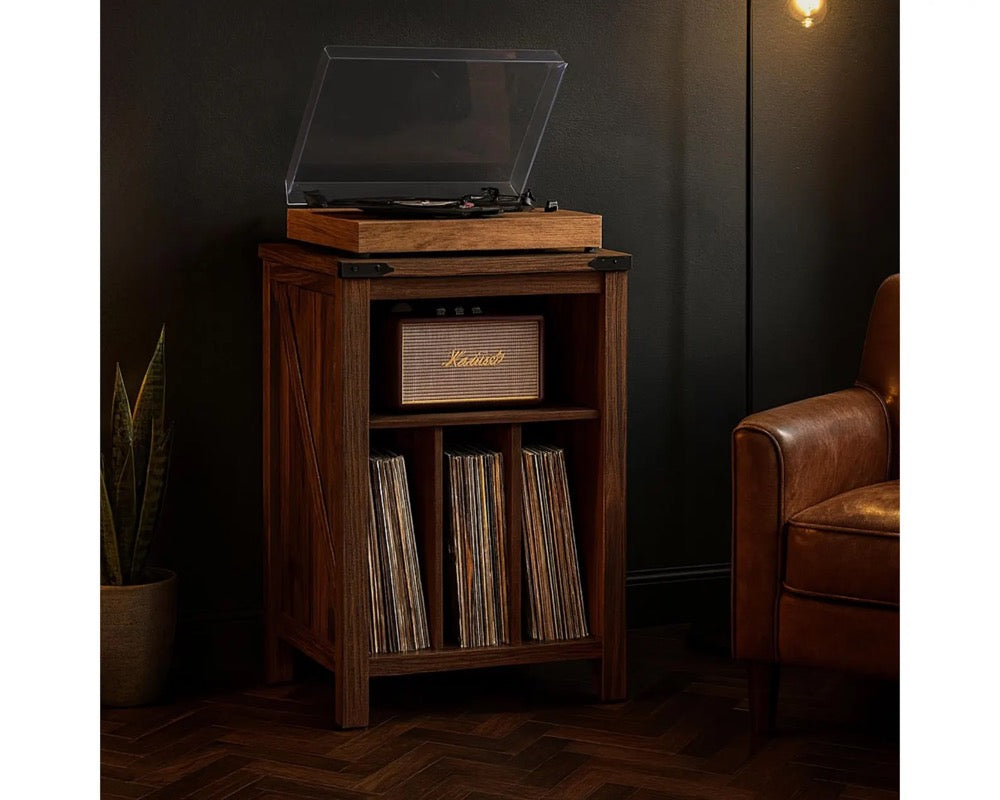 White Wood Record Player Stand: Vinyl Storage Cabinet, Holds 160 Albums