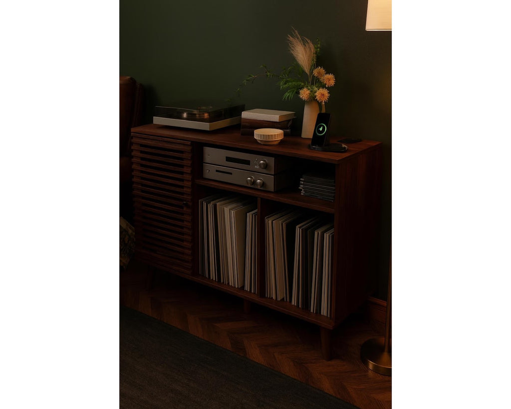 Mid-Century Record Player Stand: Vinyl Storage Cabinet with Charging Station